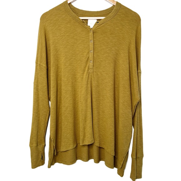 Offline by Aerie Womens Mustard Yellow Gold Ribbed Henley Long Sleeve Top Medium - Picture 3 of 8